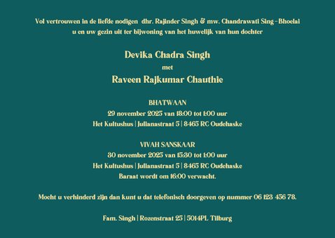 Hindoestaanse trouwkaart met gouden pauwenveer  3