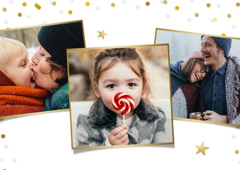 Hippe fotokaart met 1 grote foto en gouden en witte confetti 2