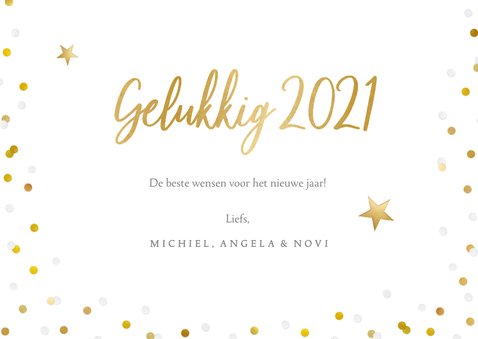 Hippe fotokaart met 1 grote foto en gouden en witte confetti 3