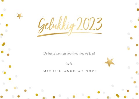 Hippe fotokaart met 1 grote foto en gouden en witte confetti 3