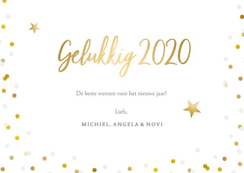 Hippe fotokaart met 1 grote foto en gouden en witte confetti 3