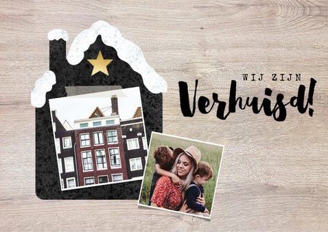 Hippe Kerst-verhuiskaart met huisje met sneeuw, foto en hout 2