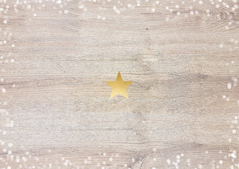 Hippe Kerst-verhuiskaart met huisje met sneeuw, foto en hout Achterkant