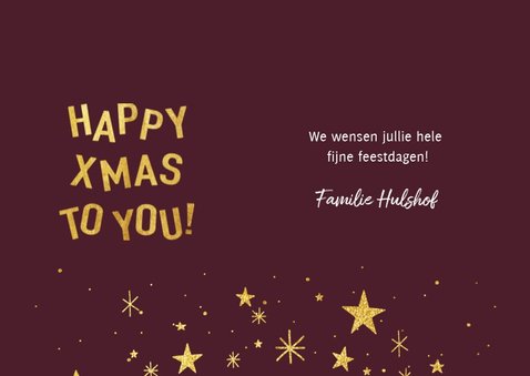 Hippe kerstkaart met gouden typografie, sterren en foto 3