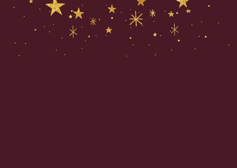 Hippe kerstkaart met gouden typografie, sterren en foto Achterkant