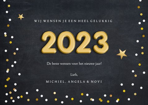 Hippe nieuwjaarskaart met confetti en folieballon 2023 3