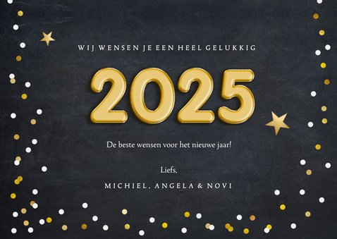 Hippe nieuwjaarskaart met confetti en folieballon 2025 3