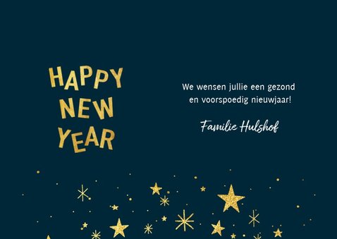 Hippe nieuwjaarskaart met typografie, sterren en foto 3