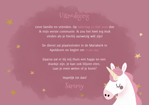 Hippe uitnodiging communie met eenhoorn, sterren en foto 3