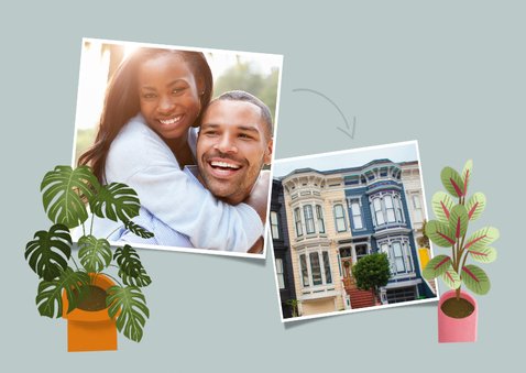 Hippe uitnodiging housewarming met planten, stoel en foto 2