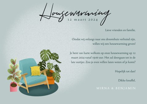 Hippe uitnodiging housewarming met planten, stoel en foto 3