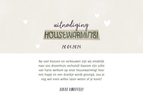 Hippe uitnodiging housewarming met plantje, foto's & hartjes 3