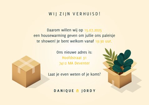 Hippe uitnodiging housewarming verhuisdozen, planten en kat 3