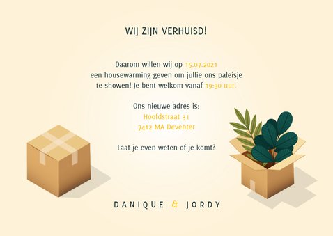 Hippe uitnodiging housewarming verhuisdozen, planten en kat 3
