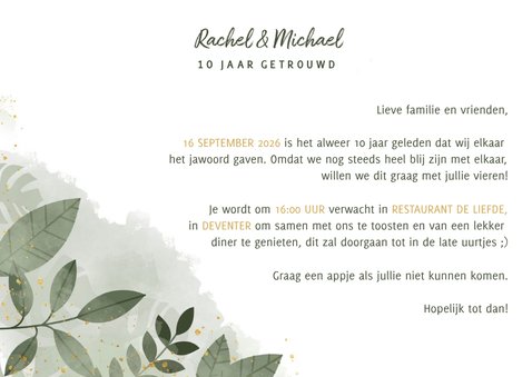 Hippe uitnodiging jubileum 10 jaar met planten en waterverf 3