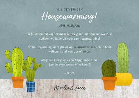 Hippe uitnodiging voor een housewarming met cactussen & hout 3