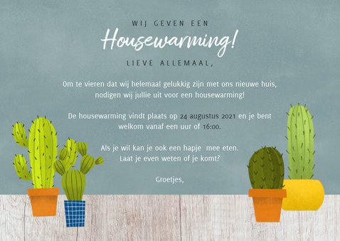 Hippe uitnodiging voor een housewarming met cactussen & hout 3