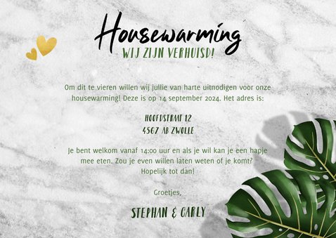 Hippe uitnodiging voor housewarming met bladeren en marmer 3