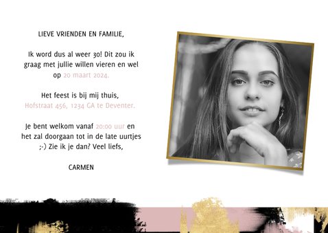 Hippe uitnodiging voor verjaardag met verfstrepen en foto's 3