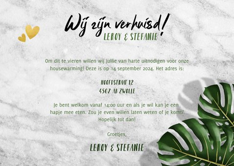 Hippe verhuiskaart met bladeren, marmer en typografie 3