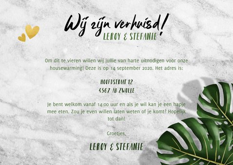 Hippe verhuiskaart met bladeren, marmer en typografie 3