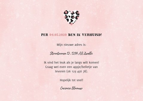 Hippe verhuiskaart met panterprint huisje, foto en hartjes 3
