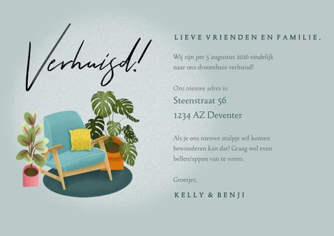 Hippe verhuiskaart met planten, stoel en foto's 3