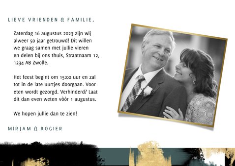 Jubileum uitnodiging '50 jaar' met verfstrepen en foto's 3