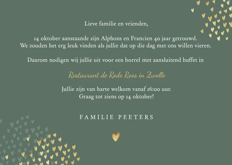 Jubileum uitnodiging goud stijlvol hartjes groen foto's 3