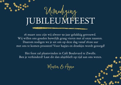 Jubileumfeest uitnodiging 50 jaar confetti goud foto 3