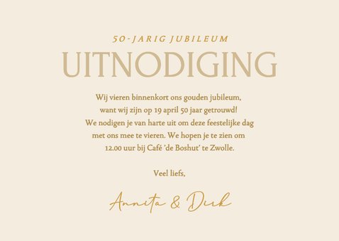 Jubileumfeest uitnodiging met goudfolie takjes en foto's 3