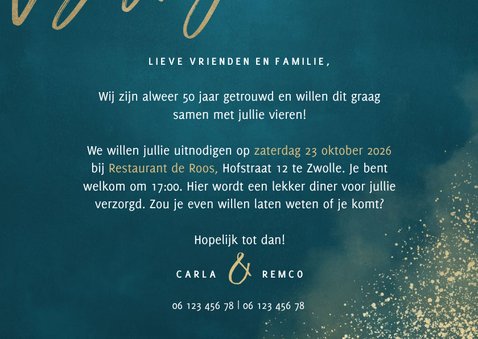 Jubileumkaart 50 jaar getrouwd blauw gouden spetters 3