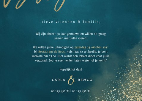 Jubileumkaart 50 jaar getrouwd blauw gouden spetters 3