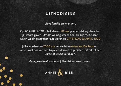 Jubileumkaart 50 jaar getrouwd gouden confetti en foto's 3