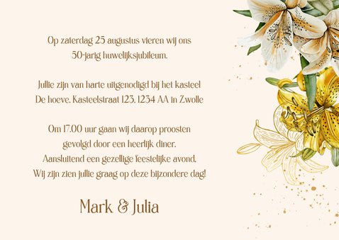 Jubileumkaart witte en gele lelies goudfolie 3