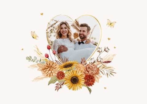 Just married trouwkaart botanisch bloemen vlinder romantisch 2