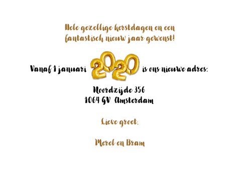 Kerst / nieuwjaars verhuiskaart 2020 ballon goud en hout 3