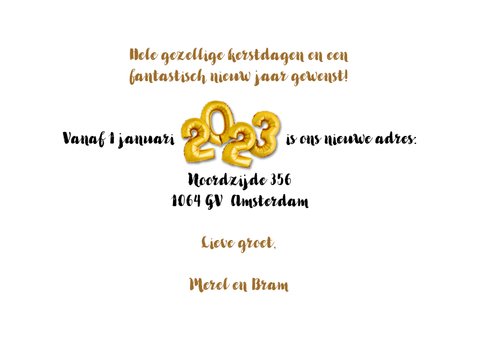 Kerst / nieuwjaars verhuiskaart 2023 ballon goud en hout 3
