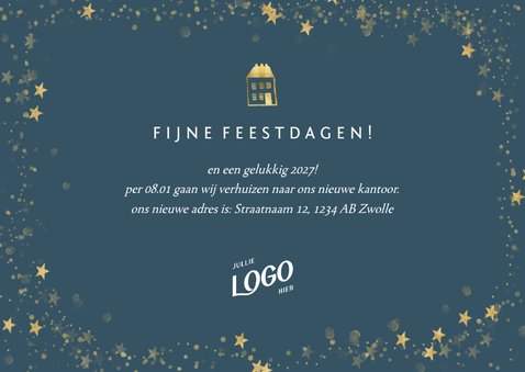 Kerst-verhuiskaart bedrijf met foto en gouden pand 3
