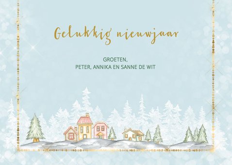 Kerst verhuiskaart met winters dorp met sneeuw 3