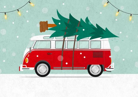 Kerst verhuiskaart retro busje kerstboom sneeuw verhuisd 2