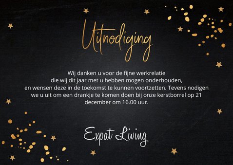 Kerstborrel uitnodiging zwart goudlook confetti 3