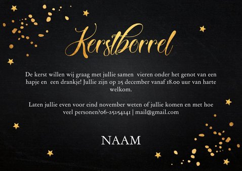 Kerstborrel uitnodiging zwart goudlook confetti 3