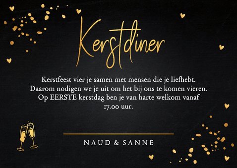 Kerstdiner uitnodiging zwart goudlook confetti 3