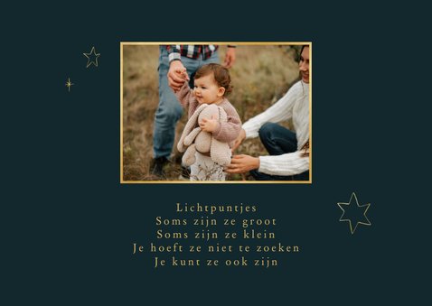 Kerstkaart 2 foto's Fijne Feestdagen goud met inkt sterren 2