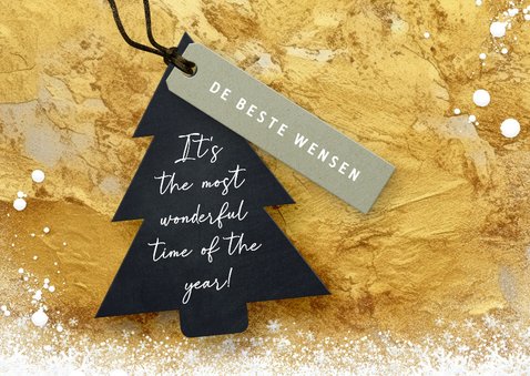 Kerstkaart 2026 in goud met kerstboom label 2