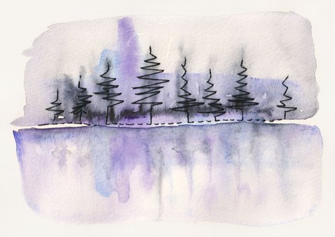 Kerstkaart aquarel kerstbomen met reflectie 2