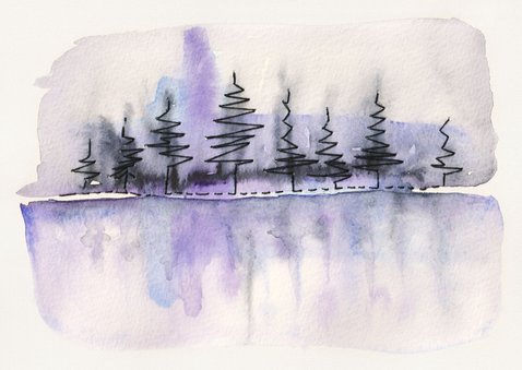 Kerstkaart aquarel kerstbomen met reflectie 2