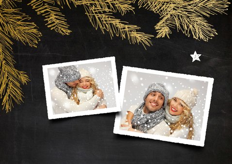 Kerstkaart collage krijtbord hert en dennetakken goud 2