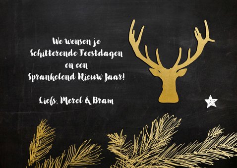 Kerstkaart collage krijtbord hert en dennetakken goud 3